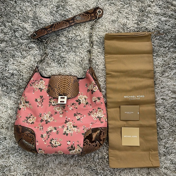 Michael Kors Floral pink print calf leather, python trim shoulder bag w/dust bag - Picture 8 of 8